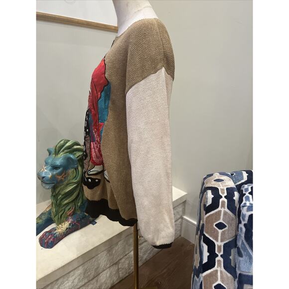 VTG Bonnie Boerer S/P Cream Gold Metallic Sweater Japanese Geisha Applique EUC - Picture 3 of 9